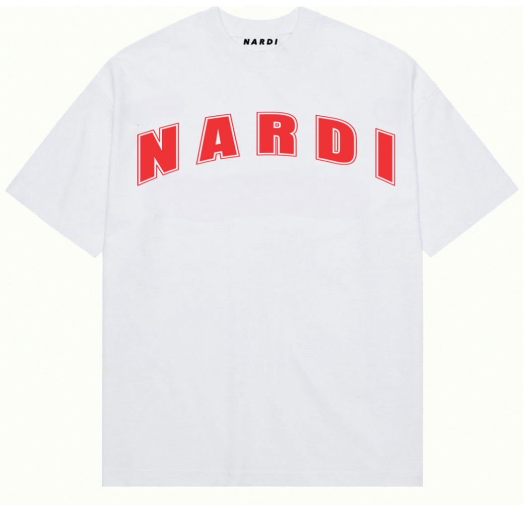 WHITE AND RED VARSITY T SHIRT